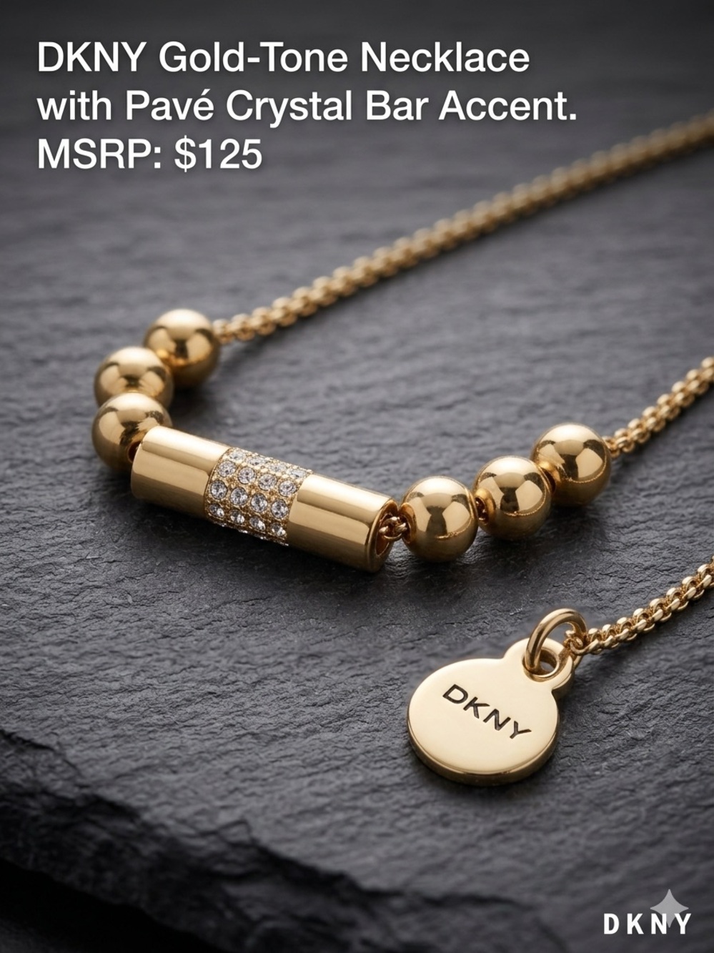 DKNY Gold-Tone Pavé Bar & Bead Station Necklace 16”L - 19”L with Extender